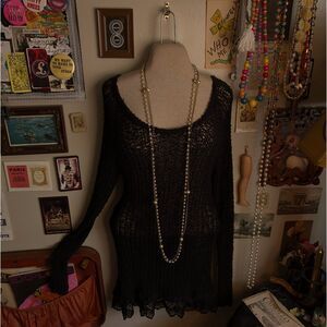 Open Knit Sweater Mini Dress Women's Medium/Large Black Long Sleeve Lace Trim